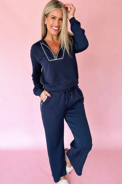 Women's Navy Blue Cropped Pants Set with Contrast Piping and Zipped Pullover - Stylish & Comfortable Fit