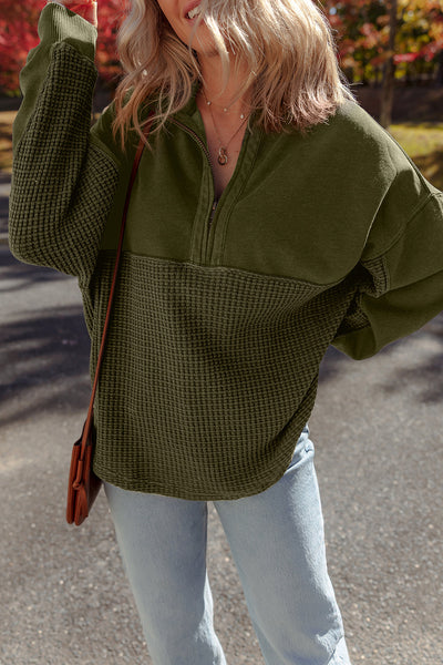 Women's Cozy Moss Green Waffle Knit Half-Zip Sweatshirt - Stylish Patchwork Design for Casual Comfort