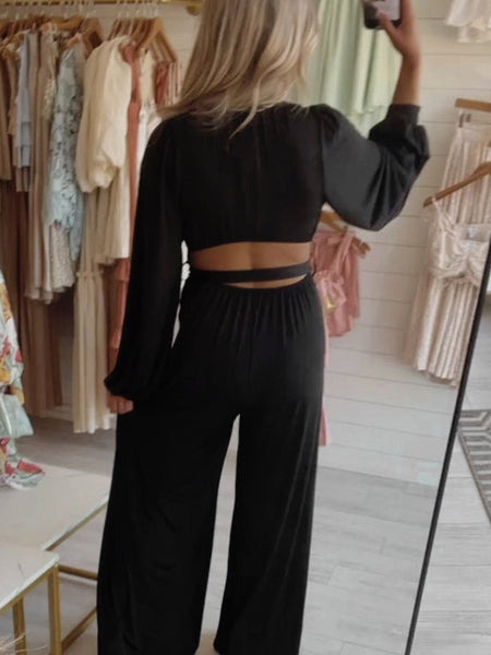 Solid Crop Tank & High Waist Drawstring Pants & Longline Cardigan Three-Piece Set