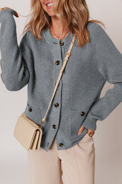 Women's Ribbed Viscose-Blend Crewneck Cardigan in Heather Grey