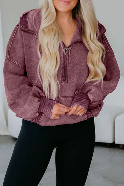 Cozy Women's Wild Ginger Mineral Wash Baggy Hoodie with Half Zip and Kangaroo Pocket for Casual Comfort