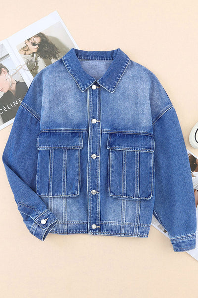 Women's Relaxed Fit Blue Denim Jacket with Chest Pockets and Drop Shoulder for Effortless Casual Style