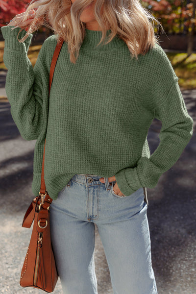 Women's Mist Green Waffle Knit High Neck Sweater
