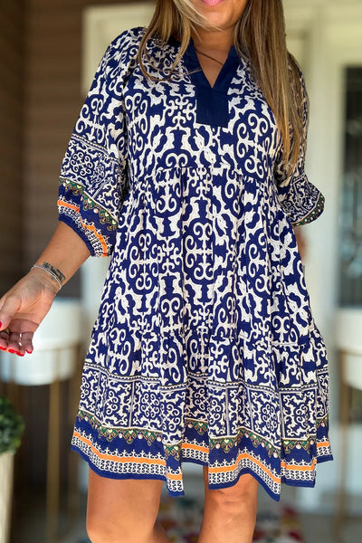 Women's Chic Blue Boho Mini Dress with Geometric Print & Contrast Trim - Perfect for Stylish Summer Outings