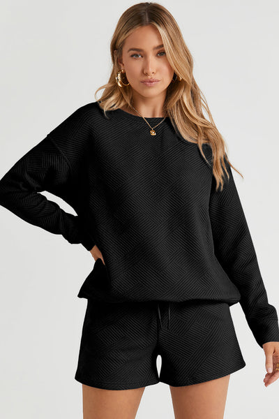 Stylish Women's Black Textured Long Sleeve Top & Comfortable Drawstring Shorts Set - Versatile Summer Outfit
