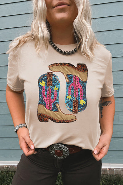 Khaki Sequin Embellished Western Boots & Graphic Tee Combo