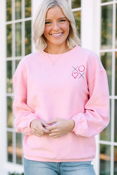 Cozy Women's Oversized Pink Sweatshirt with 3D Ribbed XOXO Heart Embroidery for Casual Style and Comfort