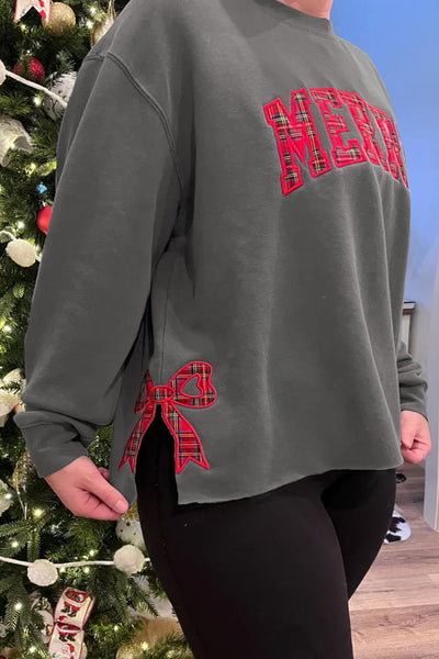 Plus Size Women's Medium Grey Plaid Sweatshirt with MERRY Bow Embroidery & Chic Side Slits for Cozy Style