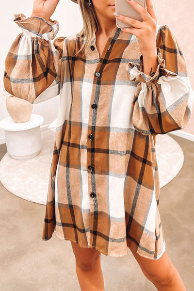 Women's Khaki Plaid Flounce Sleeve Shirt Dress in Cotton Blend