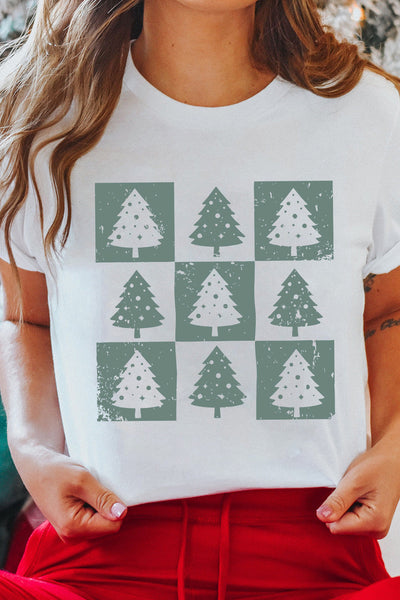 Vintage Christmas Tree Graphic Tee in Sage & White