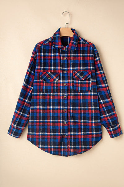 Women's Stylish Navy Blue Plaid Shacket with Flap Pockets - Trendy Button-Up Layering Essential for Fall Outfits