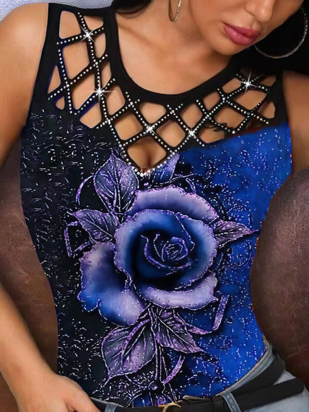 Rose Print Rhinestone Hollow Tank Top