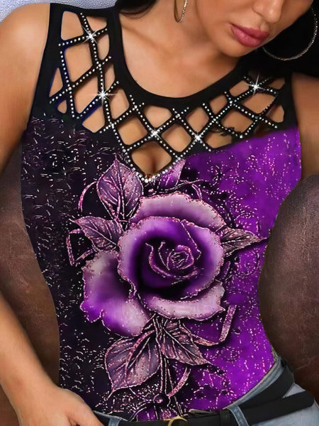 Rose Print Rhinestone Hollow Tank Top