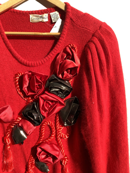 Cross Roads Red Angora Sweater w/ Satin Rose Detail