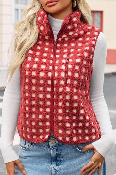 Cozy Women's Red Checkered Plush Zip-Up Winter Vest - Stylish Fit for Cold Weather Fashion and Comfort
