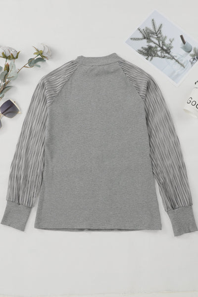 Women's Ribbed Grey Crewneck Top with Sheer Striped Mesh Sleeves