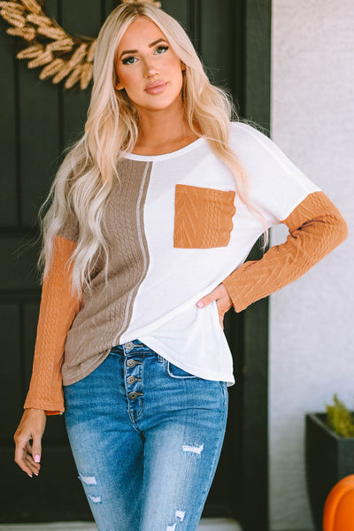 Women's Casual Orange Colorblock Knit Top with Long Sleeves and Chest Pocket - Trendy Textured Design for Everyday Style
