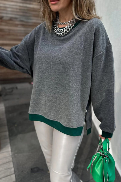 Women's Medium Grey Baggy Sweatshirt with Contrast Trim, Round Neck, and Zip Side Slit for Effortless Comfort and Style