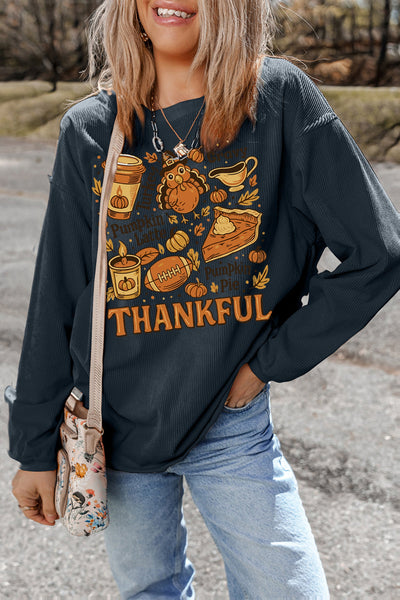Cozy Women's Dark Grey Twisted Ribbed Baggy Sweatshirt Trendy Fall Fashion with Stylish Print for Chic Comfort