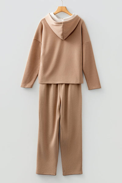 Women's Relaxed Ribbed Knit Hoodie and Jogger Set in Camel