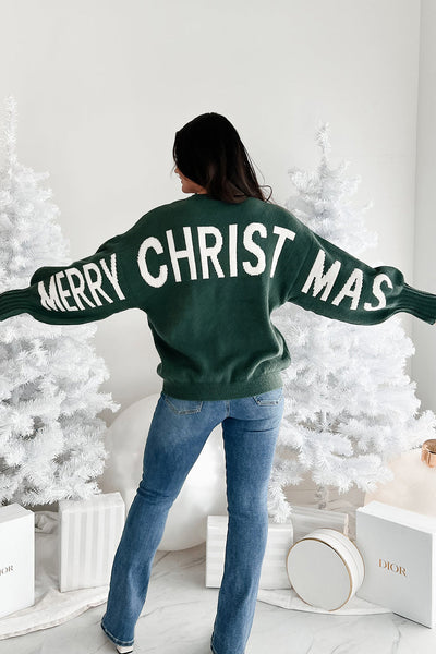Women's Cozy Blackish Green "Merry Christmas" Drop Shoulder Sweater - Relaxed Fit for Festive Holiday Style