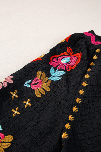 Chic Women's Black Floral Embroidered Puff Sleeve Blouse with Textured Fabric - Elegant Top for Any Occasion