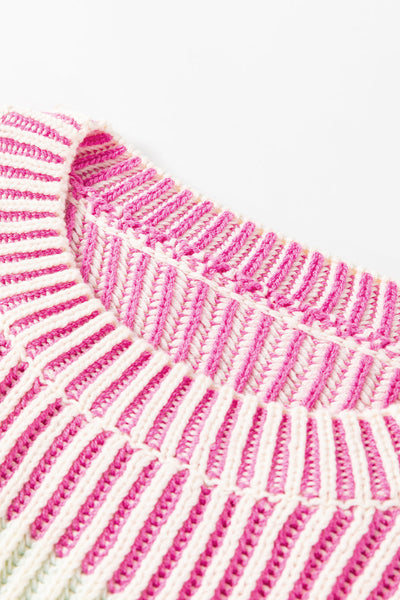 Cozy Women's Pink Colorblock Bubble Sleeve Sweater - Textured Knit for Stylish Fall and Winter Fashion
