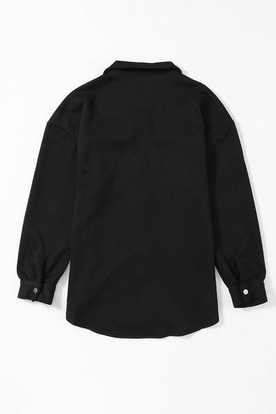 Trendy Women's Black Textured Flap Pocket Shacket - Stylish Button-Up Layer for Fall Fashion and Cozy Outfits