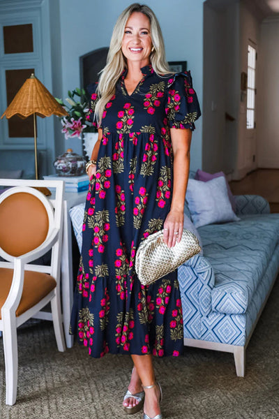 Beige Floral Tiered Maxi Dress for Women with Short Bubble Sleeves - Ideal for Spring and Summer Gatherings