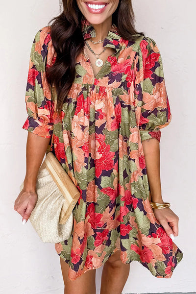Women's Ruffled V-Neck Floral Babydoll Dress in Sage and Terracotta