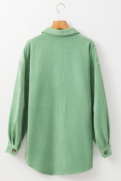 Women's Mist Green Corduroy Shacket with Pockets - Trendy Button-Up Jacket for Effortless Casual Style