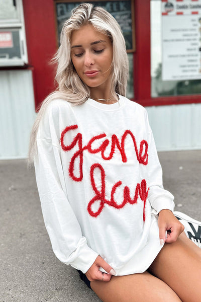 Women's Cozy White Graphic Sweatshirt with Drop Shoulders - Stylish Casual Wear for Game Day and Everyday Comfort