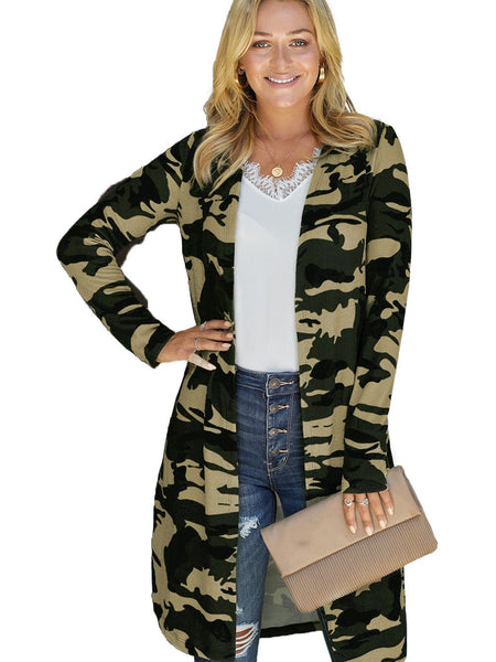 Women's Green Camo Print V-Neck Cardigan in Cardigans