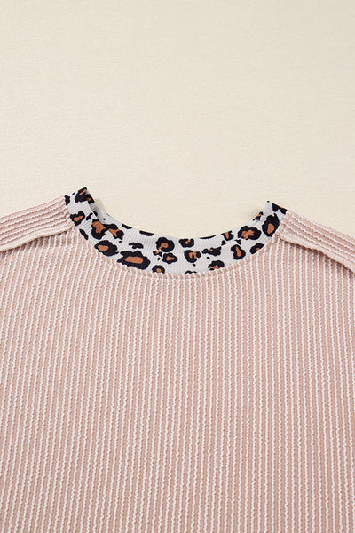 Chic Women‚Äôs Beige Ribbed Leopard Color Block Long Sleeve Top with Drop Shoulder for Trendy Casual Style