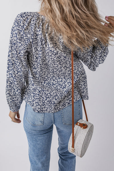 stylish women's blue floral puff sleeve blouse with notched v-neck - comfortable summer top for effortless chic made for easy styling and wardrobe