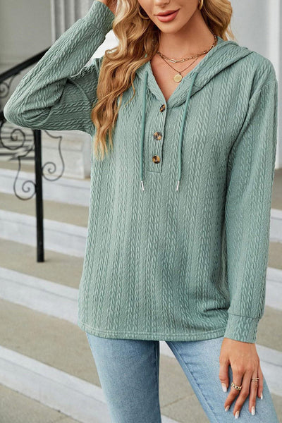 Mint Green Long Sleeve Hooded Top for Women with Textured Fabric, Button Front & Adjustable Drawstring for Comfort