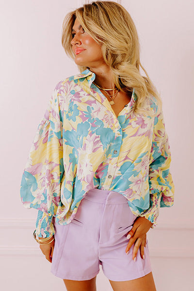 Chic Women's Oversized Yellow Floral Shirt with Shirred Cuffs for Effortless, Relaxed Style and Comfort
