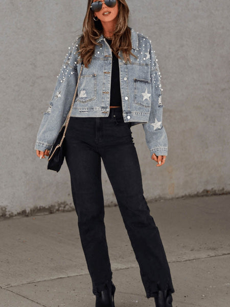 Starry Night Blue Pearl Embellished Cropped Denim Shacket