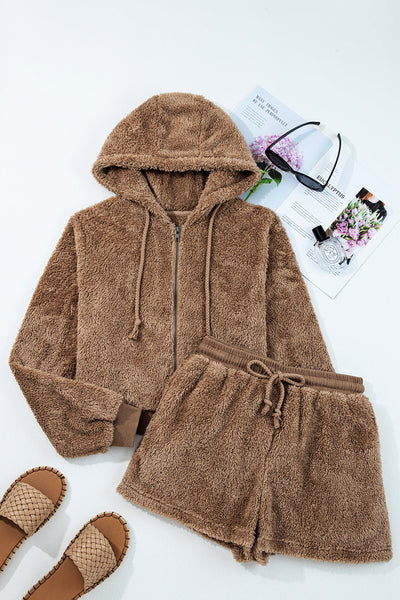 Soft Beige Women's Sherpa Hoodie and Shorts Set - Casual Chic Loungewear for Ultimate Comfort and Style