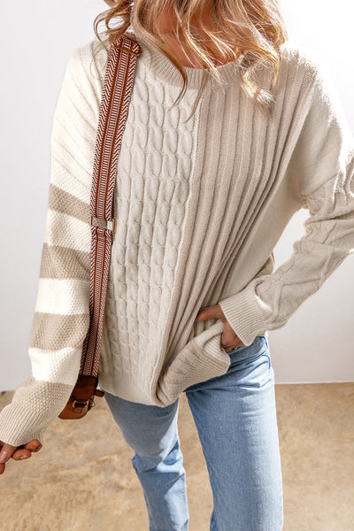 Women's Cozy Khaki Cable Knit Colorblock Sweater - Chic Drop Shoulder Crew Neck for Effortless Style and Comfort