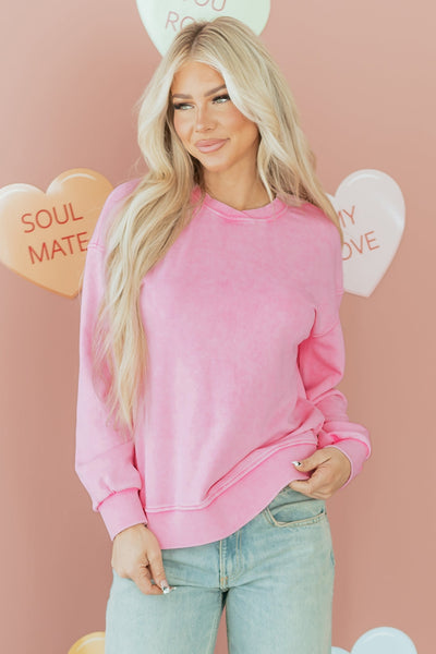 Women's Pink Mineral Wash Cotton Blend Pullover Sweatshirt