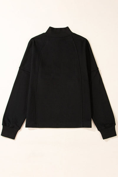 Cozy Women's Black Drop Shoulder Sweatshirt with Zipped Neck - Stylish Casual Pullover for Everyday Comfort