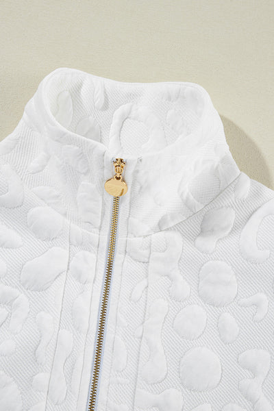 Women's White Leopard Jacquard Quarter Zip Tee and Shorts Set