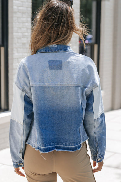 Women's Casual Sky Blue Color Block Denim Jacket with Frayed Hem & Unique Patchwork Design for Effortless Style