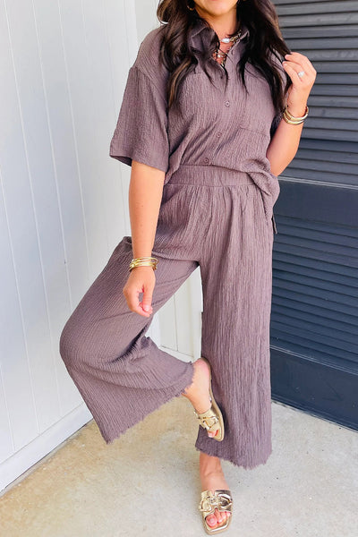 Effortlessly Chic Women's Old Rose Textured Short Sleeve Top with Loose Raw Hem Pants Set for Stylish Comfort