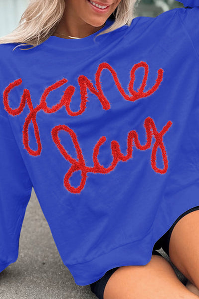 Women's Trendy Dark Blue Graphic Sweatshirt with Tinsel Detail, Relaxed Fit for Game Day Style and Ultimate Comfort