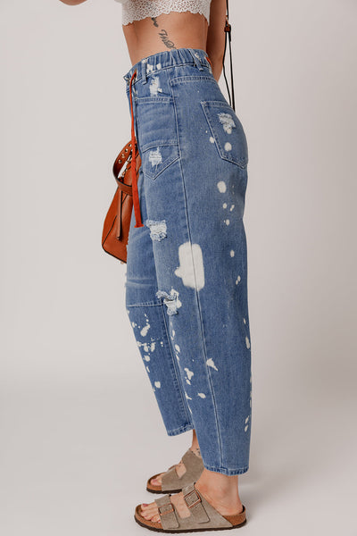 Women's Ashleigh Blue Ripped Cropped Straight Jeans with Splatter Paint and Rope Waist for a Trendy Casual Look