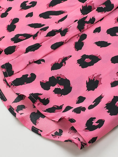 Pink Leopard Notch Neck Bubble Sleeve Top
