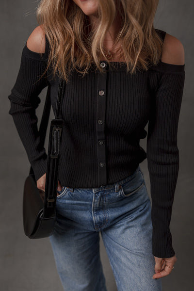 Chic Black Ribbed Knit Cold Shoulder Sweater with Button Front for Trendy Women‚Äôs Fashion