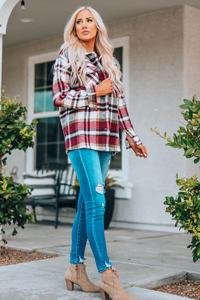 Chic Fiery Red Geometric Plaid Shacket for Women - Stylish Fall Layering Essential with Convenient Pockets